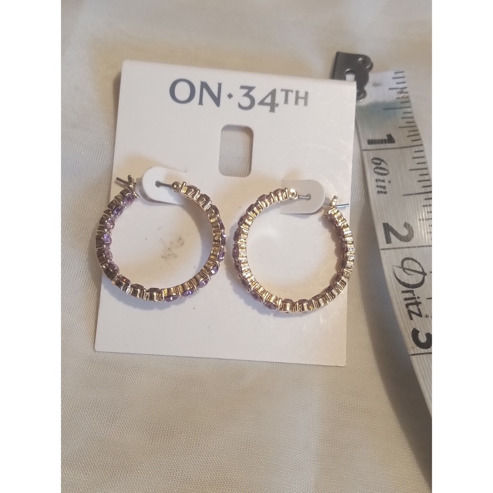 On 34th Gold Tone Purple Crystal Hoop Earrings 1 Inch Round Latch Back